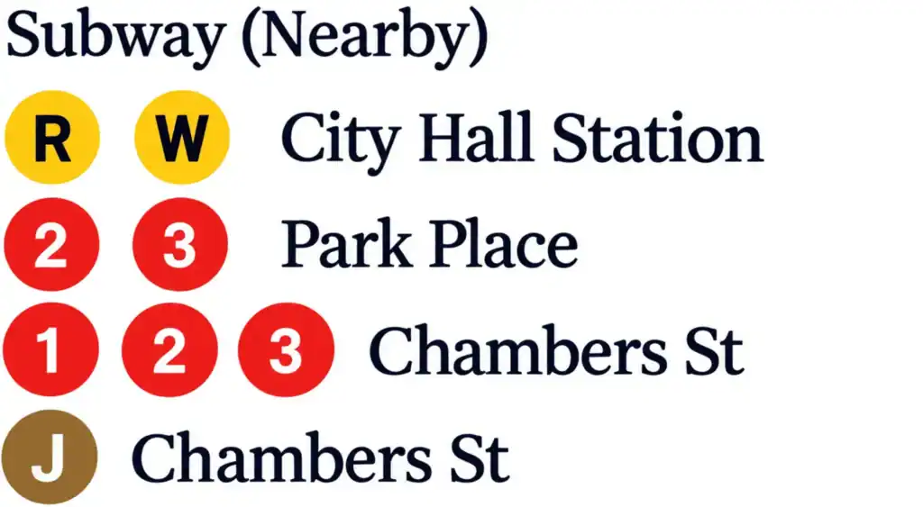 Nearby subway stations: R and W trains at City Hall; 2 and 3 trains at Park Place; 1, 2, and 3 trains at Chambers Street; J train at Chambers Street