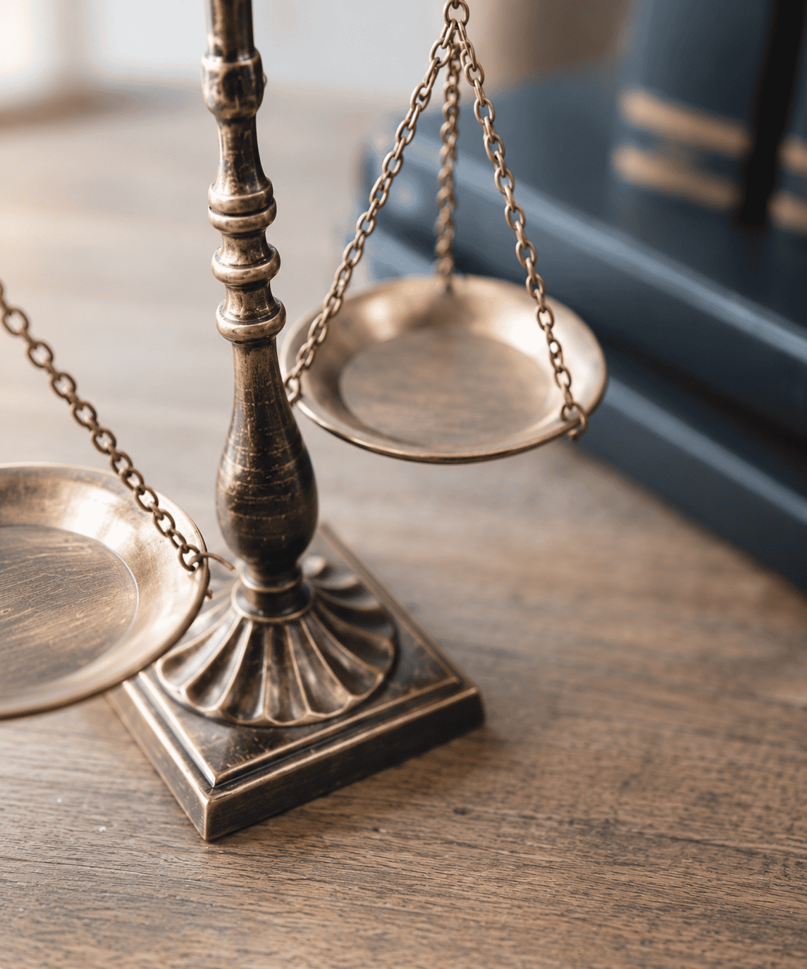 Close-up of a vintage brass balance scale on a wooden table