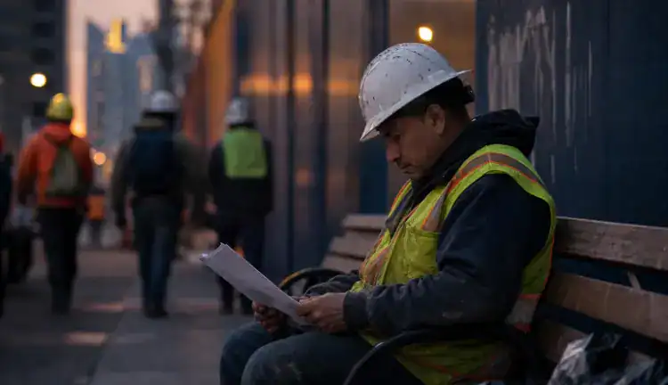 Construction worker in hard hat and reflective vest reviews paperwork outside a Brooklyn jobsite at dusk.