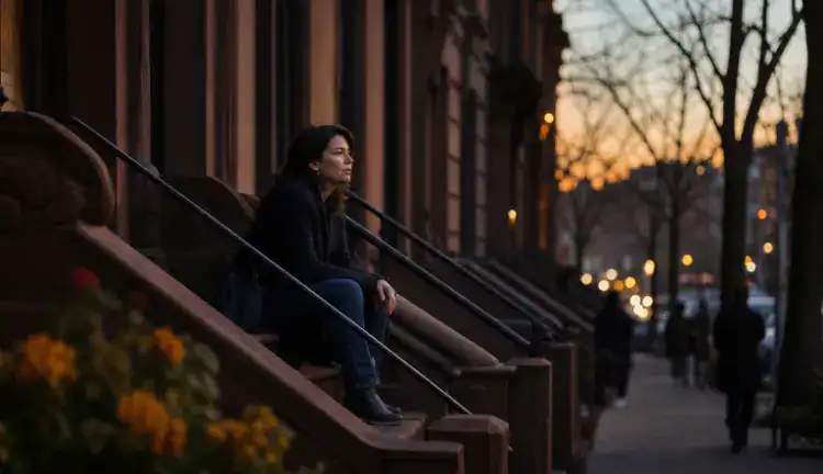 A solitary adult sits on a Brooklyn brownstone stoop at dusk as pedestrians pass below on a softly lit street.