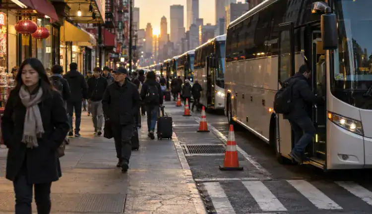 A line of intercity coaches idles along a busy Lower Manhattan curb near Chinatown at dawn, with traffic cones, crosswalk markings, and commuters walking normally under storefront awnings.