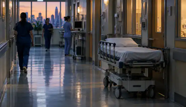 A quiet New York hospital corridor at dusk with an unattended gurney parked near closed patient room doors, nurses moving calmly in the background under cool fluorescent light.