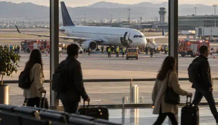 A wide daytime view of an airport runway with a damaged passenger jet surrounded by emergency vehicles and investigators, while travelers walk calmly inside a distant terminal visible through large windows.