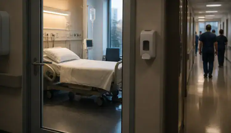 A quiet hospital isolation room seen through a glass door, with a neatly made bed, IV pole, wall-mounted sanitizer dispenser, and masked staff walking calmly down the corridor outside.