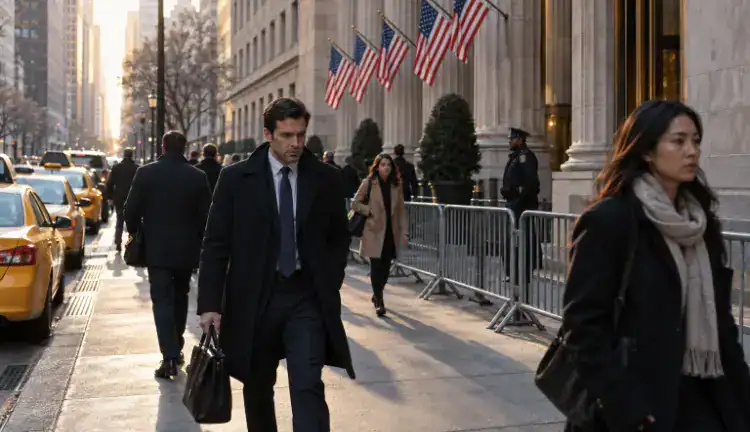 A quiet early-morning view of a busy New York City sidewalk outside a federal office building, with pedestrians passing metal barricades, yellow cabs at the curb, and a row of small national flags near the entrance.