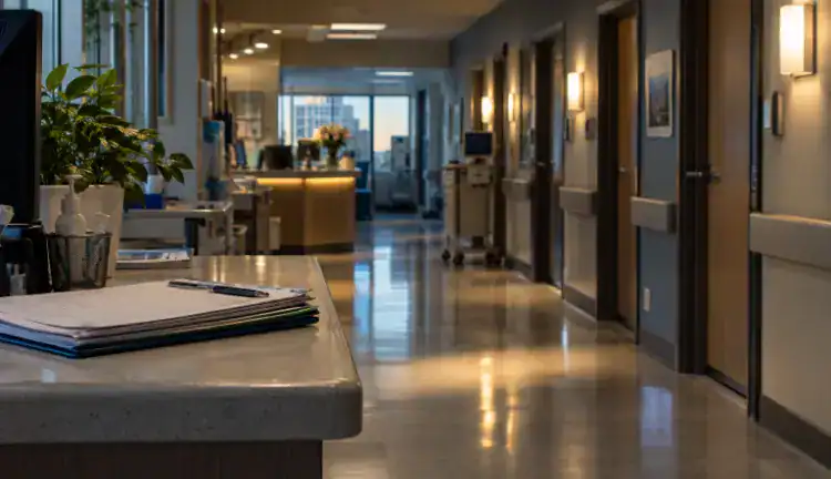 A quiet New York hospital corridor with closed exam room doors, a nurse station softly lit in the distance, and a patient chart resting on a counter under fluorescent lights.