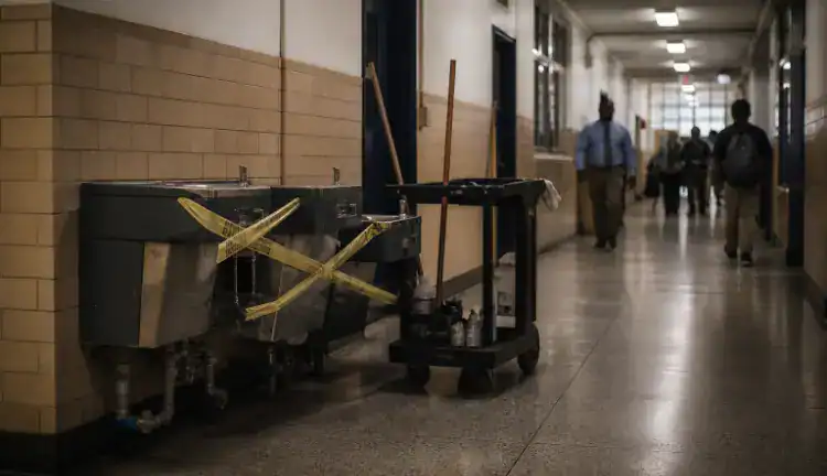 A quiet New York City public school hallway with rows of older drinking fountains taped off beside a maintenance cart and exposed plumbing fixtures, while students and staff pass calmly in the background.