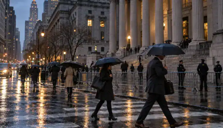 A rainy Manhattan streetscape outside a stately New York courthouse at dusk, with pedestrians carrying umbrellas past wet crosswalks and police barricades lining the curb.