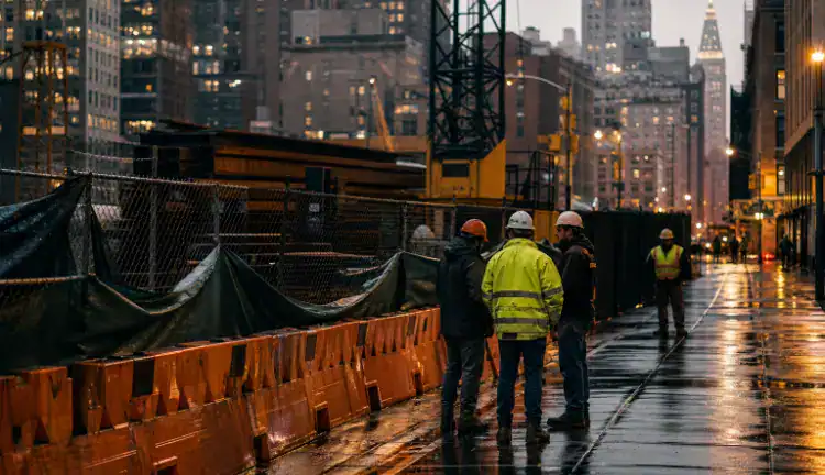 A rainy Manhattan construction site at dawn with a silent tower crane, orange safety barriers, stacked steel beams, and workers in hard hats conferring calmly beside a fenced sidewalk.