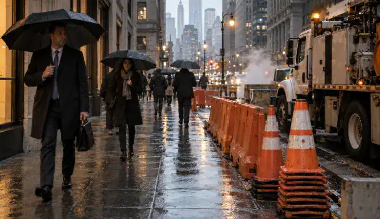A rainy Lower Manhattan streetscape with orange municipal barricades and stacked roadwork cones beside a scarred sidewalk and a city utility truck parked at the curb while pedestrians pass by under umbrellas.