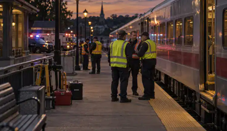 A commuter rail platform in Connecticut at dusk with a stopped passenger train, emergency vehicles parked discreetly in the background, and calm transit workers conferring near scattered maintenance equipment.