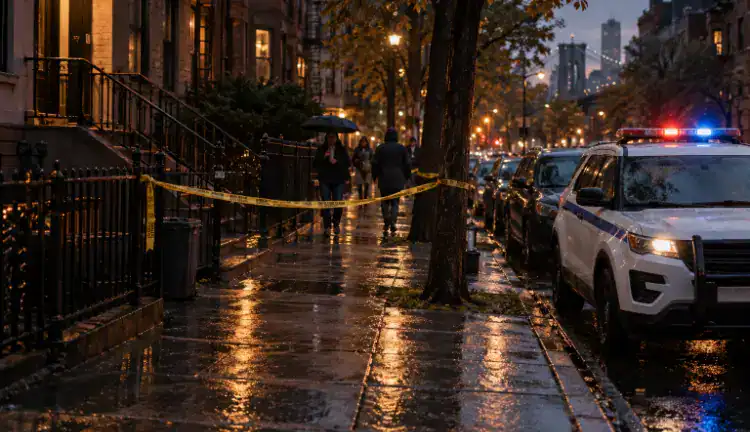 A rainy Brooklyn streetscape at dusk with a parked NYPD patrol car beside apartment buildings, yellow tape fluttering near a sidewalk curb, and pedestrians in the distance going about their evening.