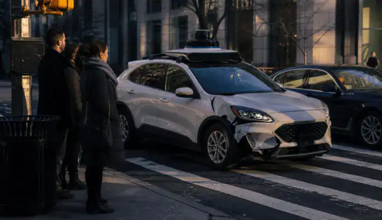 A stopped autonomous SUV with roof sensors and a crumpled front bumper sits beside a New York City intersection under early morning light as pedestrians wait at the crosswalk and another car idles nearby.