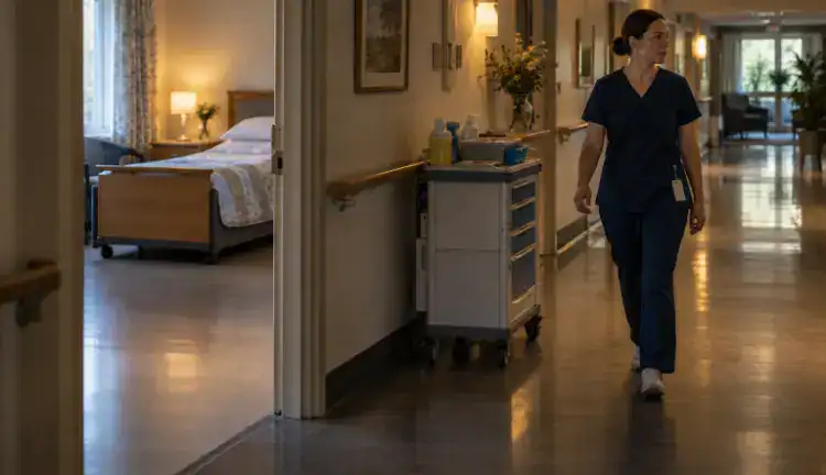 A quiet nursing home corridor with a neatly made empty bed visible through an open doorway, a medication cart parked beside the wall, and a nurse walking past under soft fluorescent light.