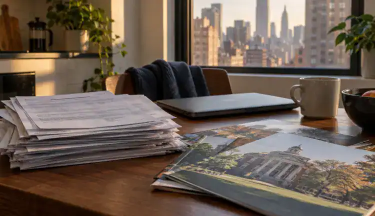A quiet New York apartment interior shows a stack of student loan statements and college brochures on a kitchen table beside a closed laptop, while muted city buildings are visible through the window in soft morning light.