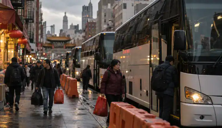 A row of idling intercity buses lines a Chinatown curb beside orange traffic barriers and a few pedestrians carrying bags under overcast Manhattan skies.
