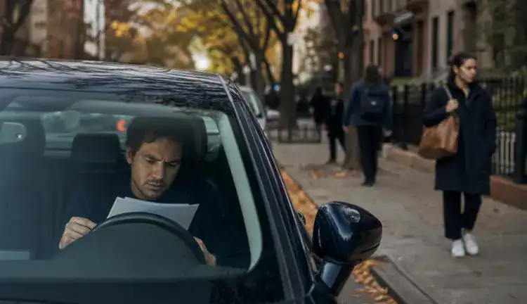 Driver in a parked sedan reviews paperwork on the wheel as pedestrians pass on a tree-lined Brooklyn street.