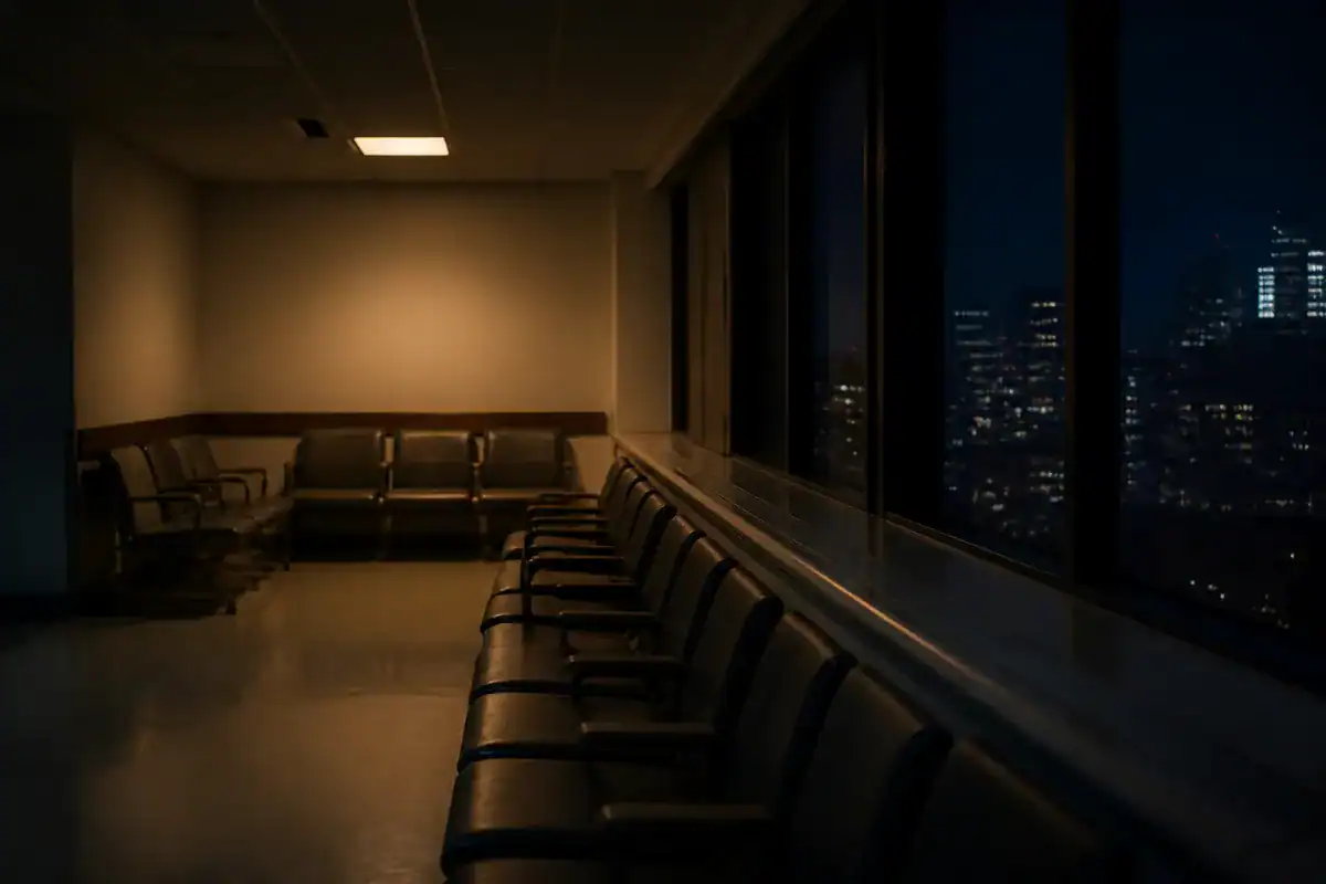 An empty hospital waiting area late at night, rows of chairs, one overhead light on, a long window showing the dark city