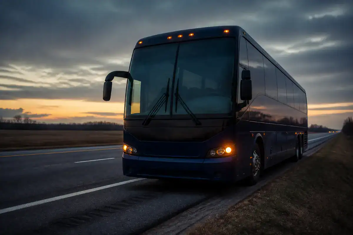 A long distance coach bus stopped on a highway shoulder at first light with hazard lights on, flat New Jersey landscape behind, no damage visible