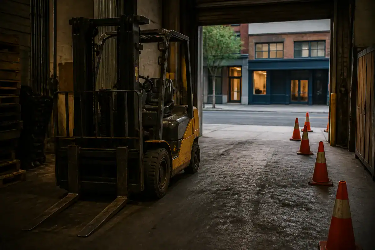 A forklift parked and idle in a warehouse loading bay with its forks lowered to the concrete, traffic cones marking a pedestrian route, roller door open to the street