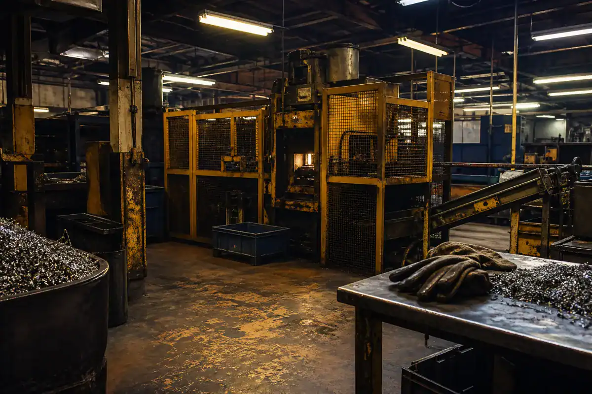 The floor of an industrial machine shop with a large guarded press and conveyor, steel swarf and work gloves resting on a bench, overhead strip lighting, no operator