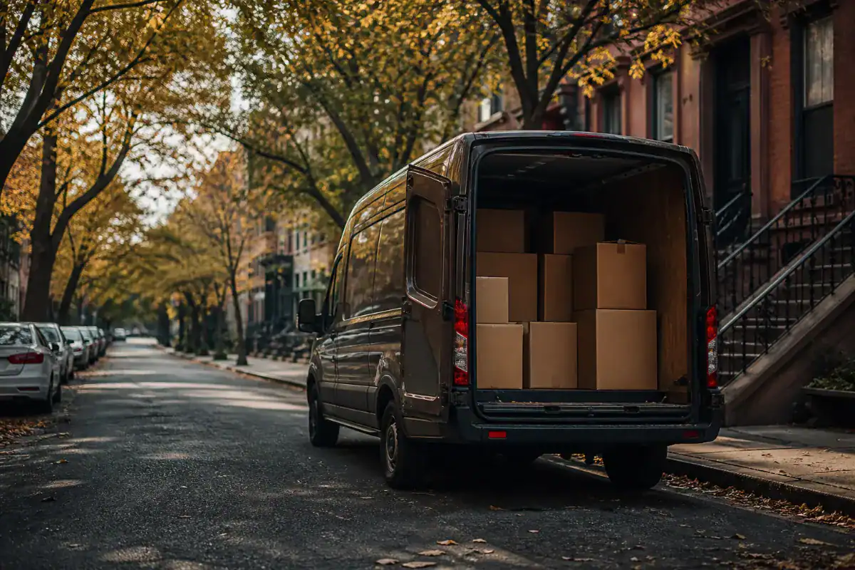 An unbranded brown delivery van parked at the kerb of a residential New York street with its rear doors open and parcels stacked inside, autumn trees, no driver