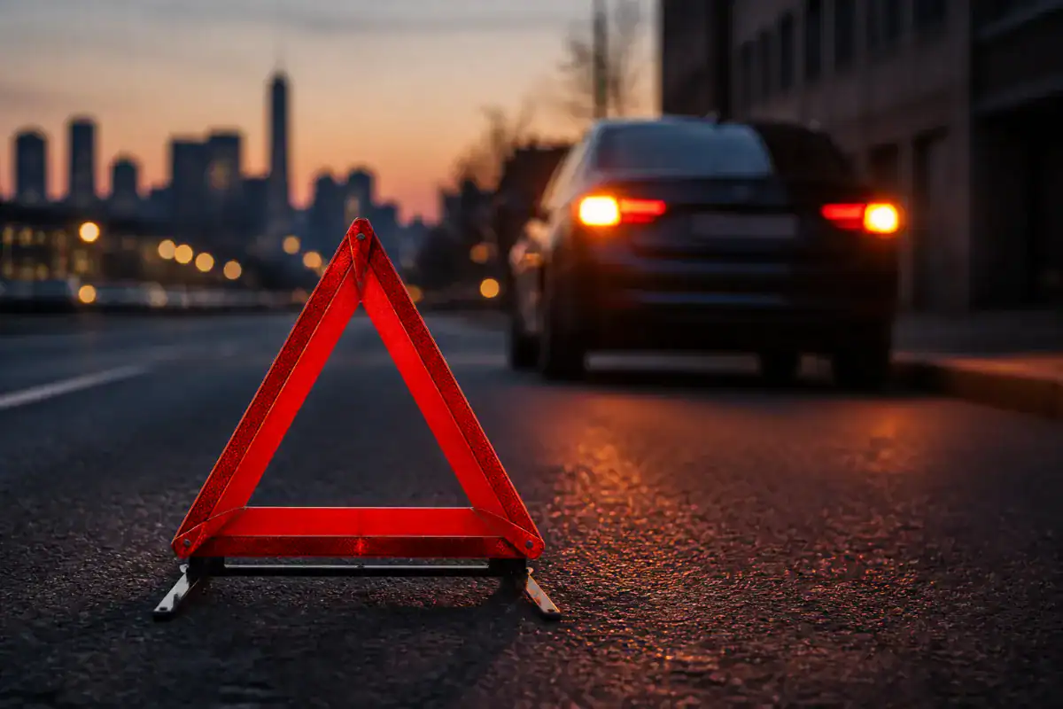 A reflective red warning triangle standing on asphalt at dusk with a car out of focus behind it and hazard lights softly visible