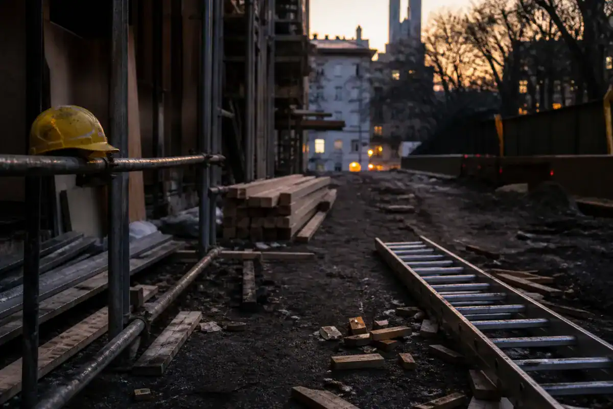Ground level of a residential construction site at the end of a shift, a ladder laid flat, scattered timber offcuts, a hard hat resting on a scaffold rail, low evening light, no workers