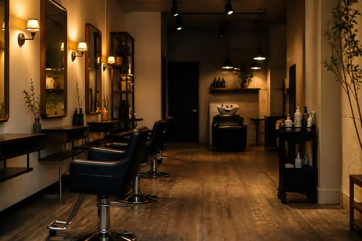 The interior of a small hair salon after closing with styling chairs, mirrors, a backwash basin and a trolley of bottles, warm lamp light, no staff or clients