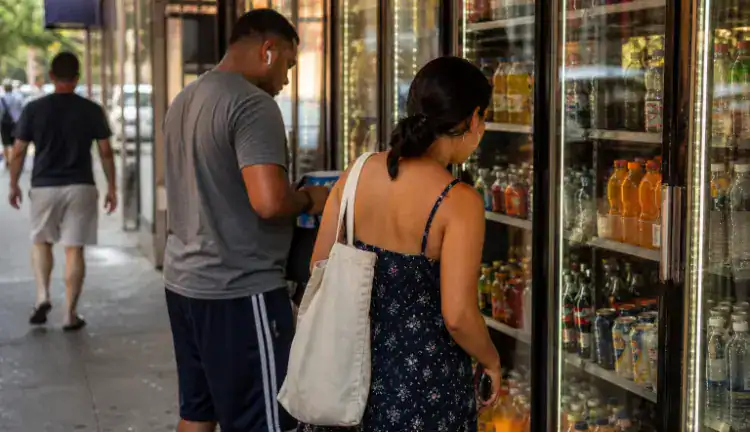 New Yorkers buy cold drinks from a corner-store cooler on a hot day, colorful bottles and cans behind glass.