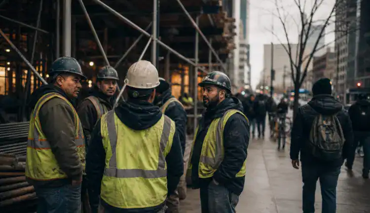 Helmeted workers gather by scaffolding and stacked materials at a New York construction site as pedestrians pass.