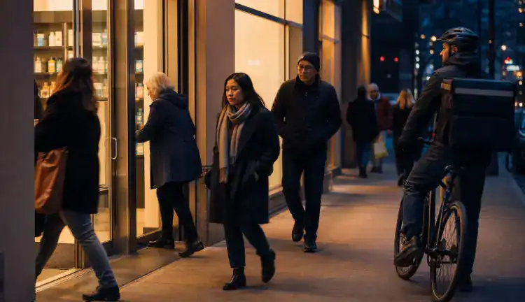 Pedestrians pass a clinic entrance at dusk in New York as patients come and go and a delivery cyclist waits nearby.
