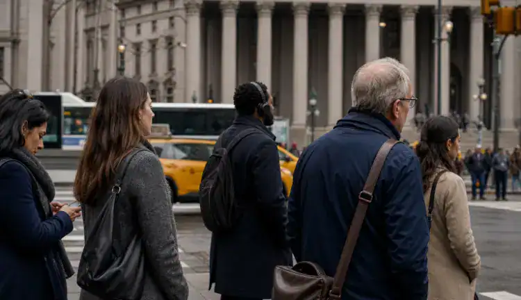 New Yorkers wait at a crosswalk outside a civic government building as taxis, buses, and pedestrians pass by.