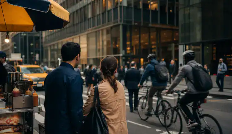 Two pedestrians wait at a Manhattan crosswalk as cyclists, office workers, and a street vendor fill the sidewalk.