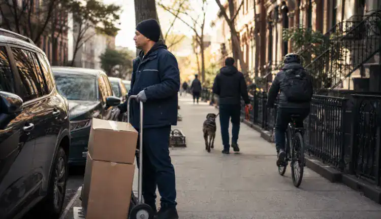 Delivery worker with hand truck on a Brooklyn brownstone street at dawn, with parked cars, dog walkers, and cyclists.
