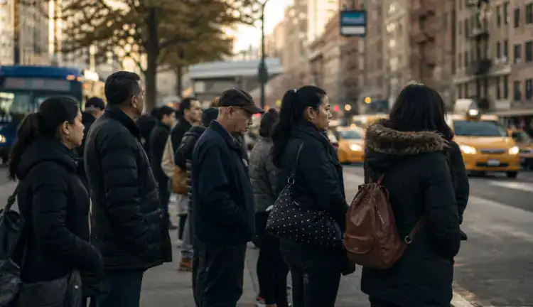 Diverse New Yorkers in coats wait at a busy Queens bus stop near apartments and storefronts as cabs pass behind.