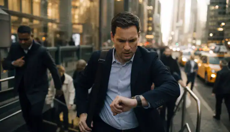 Stressed commuter checks a wristwatch while hurrying up subway steps into a busy Manhattan morning crowd.