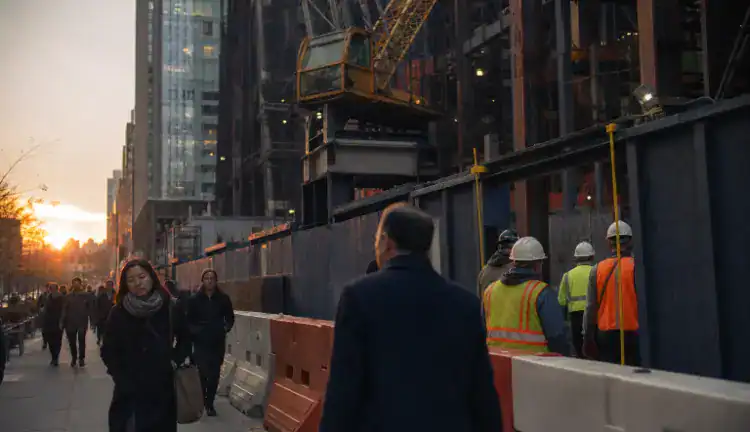Pedestrians pass barricades as hard-hat workers enter a high-rise construction site under a towering crane in Manhattan.
