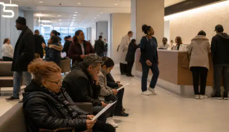 Diverse patients wait with paperwork and phones in a busy hospital reception area as staff move through the lobby.