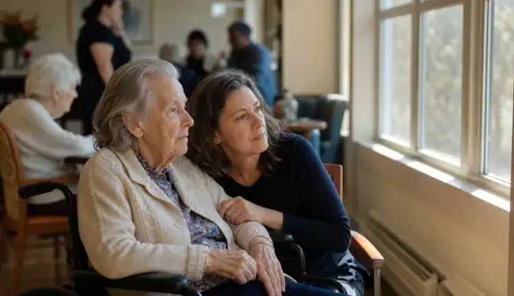 Elderly woman in a wheelchair with her adult daughter by a window in a New York nursing home common room.