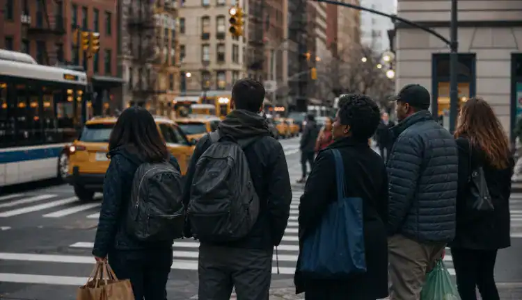 Adults with groceries and backpacks wait at a busy New York crosswalk as taxis and a bus pass on an overcast day.
