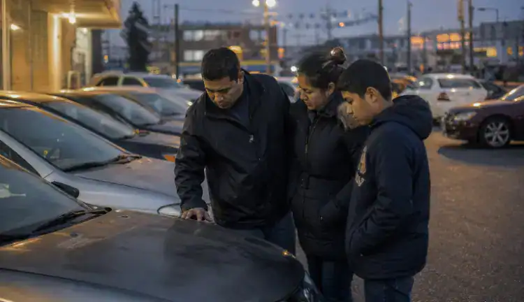 At a modest Queens used-car lot at dusk, a family inspects an older car as traffic passes on a nearby street.