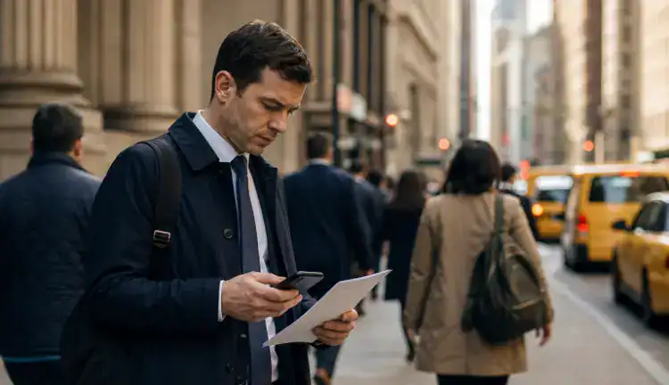 Business commuter on Lower Manhattan sidewalk checks documents on phone near a government building as cabs pass behind.