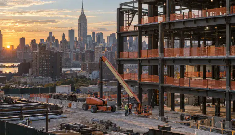 A boom lift beside a steel-framed building under construction in Manhattan, with two workers in hard hats near its base.