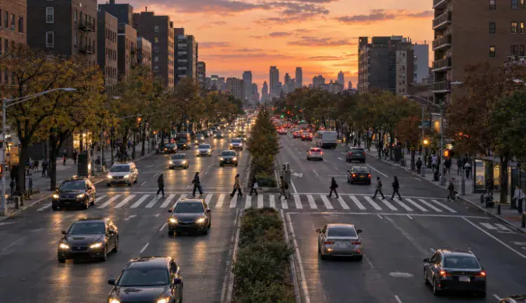 A wide Queens boulevard at dusk, with a few pedestrians crossing a long crosswalk as traffic streams past.