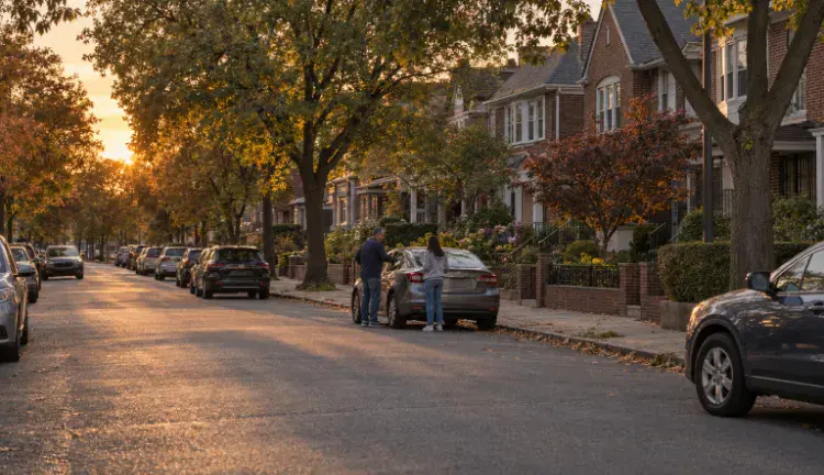 A parent and a teenage driver stand beside a parked sedan on a tree-lined Queens street at golden hour, seen from across the street.